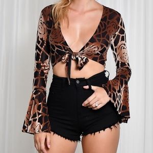 Velvet Bell Sleeve Tie Front Crop Top